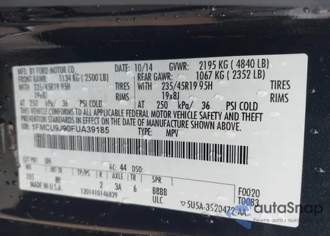 2015 Ford Escape Titanium z USA, uszkodzony, nr VIN 1FMCU9J90FUA39185